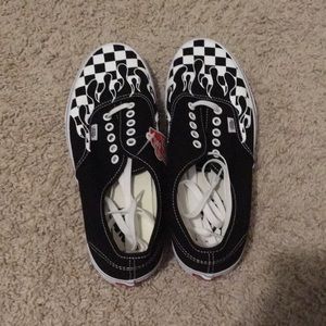 Black and fire checkered Vans